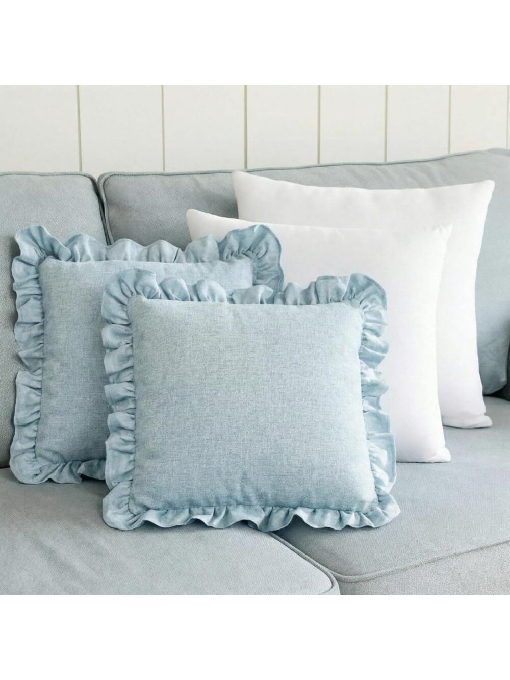 Light Blue Ruffle Throw Pillows Set of 2 with Inserts - Soft Linen Decor